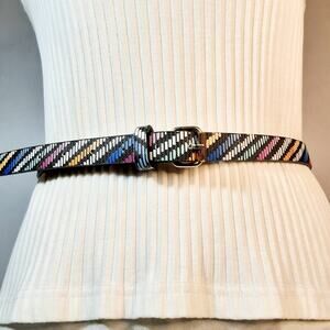 Womens Skinny Small Medium Waist Belt Mulitcolor Faux Leather Diagonal Stripes